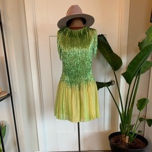 Beaded Top Green Silk Dress